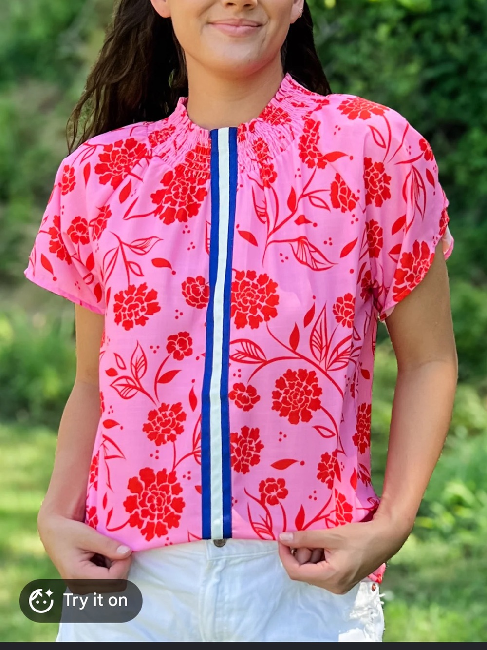 THML Anthropologie smocked high neck blouse striped floral